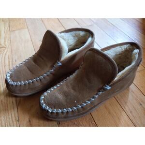 LL BEAN Mens Brown Suede Moccasin Slippers Sherpa Lined Size 8 Medium Classic
